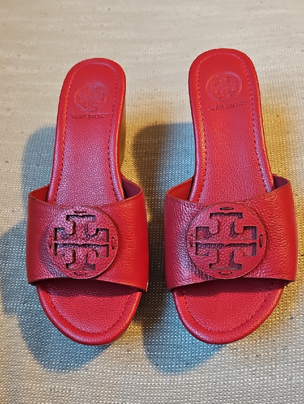 Tory Burch Petti  Red Leather Wedge Slide Sandals